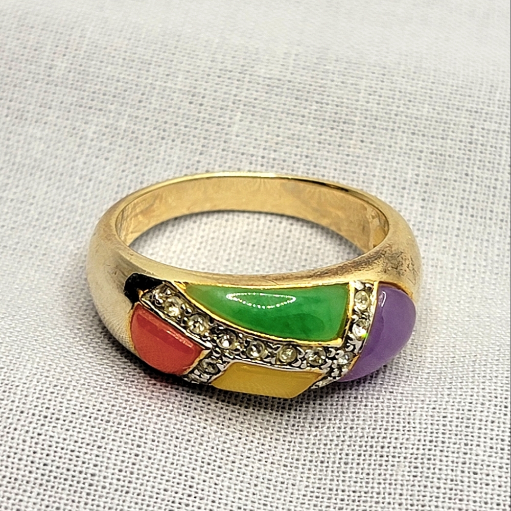 Vintage Color Block Inlay Gold Tone Ring Size 12 ½